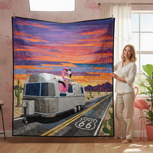 Vibrant Desert Sunset Flamingo Quilt Blanket - Route 66 RV Camper Decor - FlamingoAholic