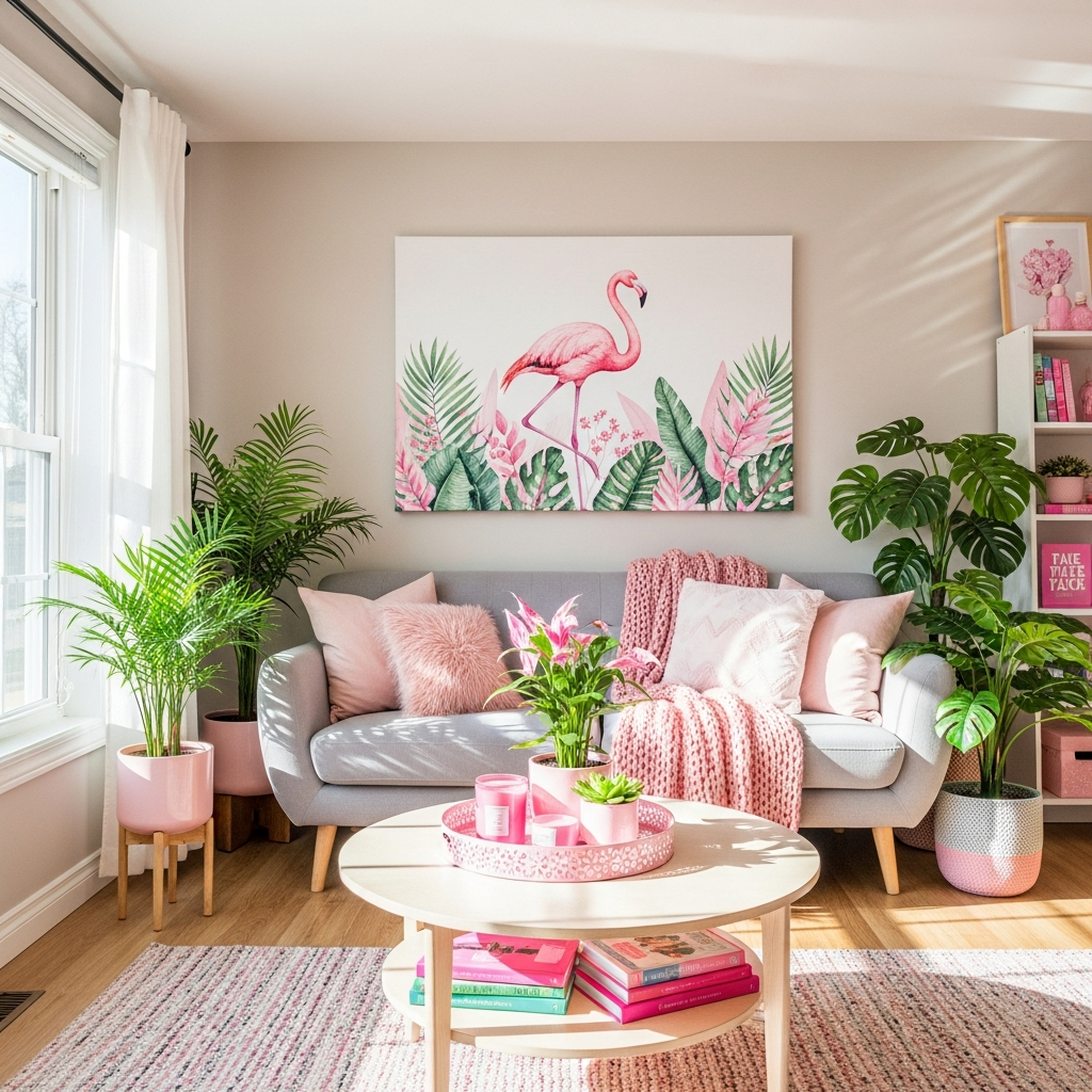 A beautifully decorated suburban living room featuring pink throws, a large flamingo canvas print, and tropical plants