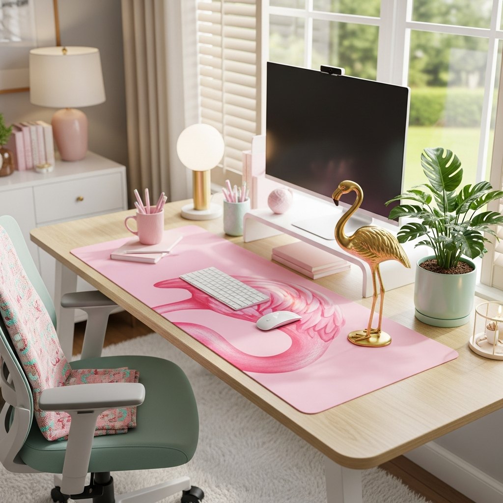 A beautifully organized, bright home office desk setup featuring subtle pink and mint accents. A large flamingo desk mat, a gold flamingo statue, and soft natural light.