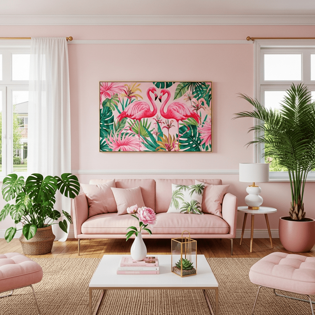 A stylish suburban living room with flamingo decor, embodying pink therapy and tropical elegance.