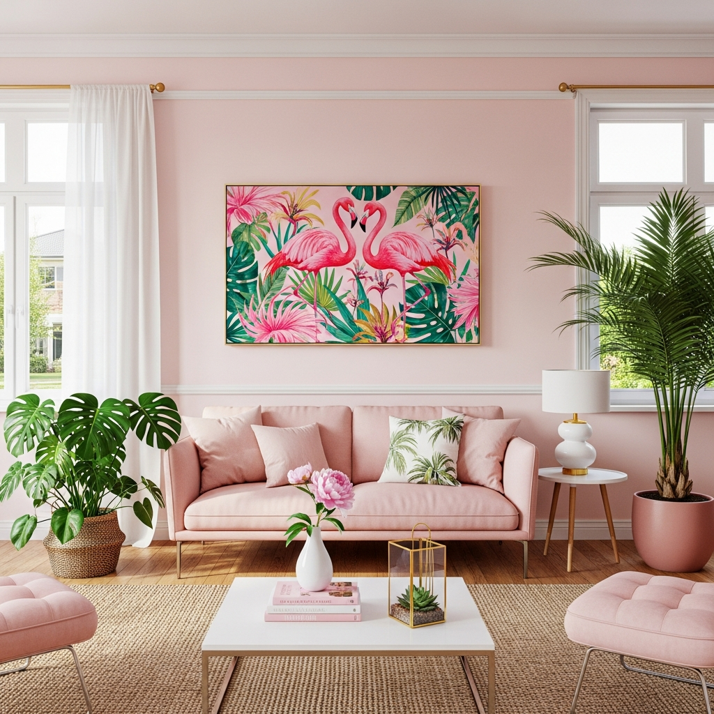 A stylish suburban living room with flamingo decor, embodying pink therapy and tropical elegance.