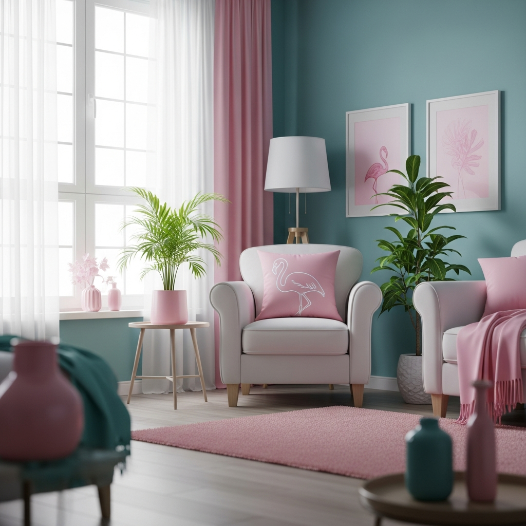 Dreamy suburban living room with soft flamingo accents, sunlight pouring in, promoting Pink Therapy