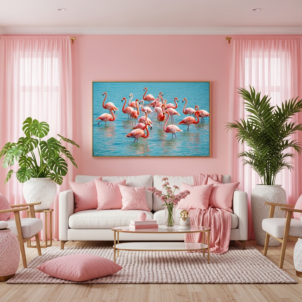 Flamingo themed suburban living room decor showing pink therapy.