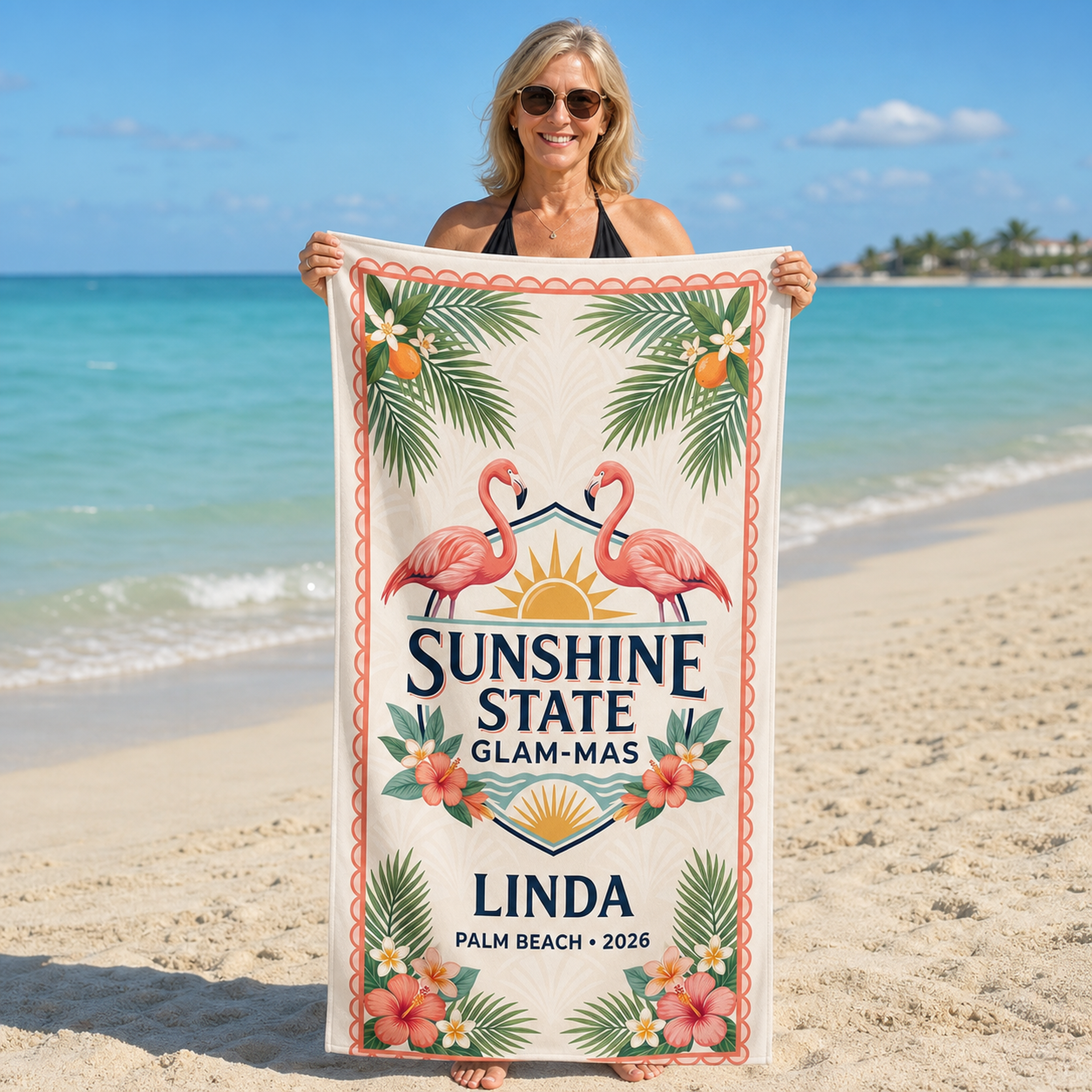 Personalized Sunshine State Glam-Mas Beach Towel | Custom Flamingo Pool Towel | Florida Gift
