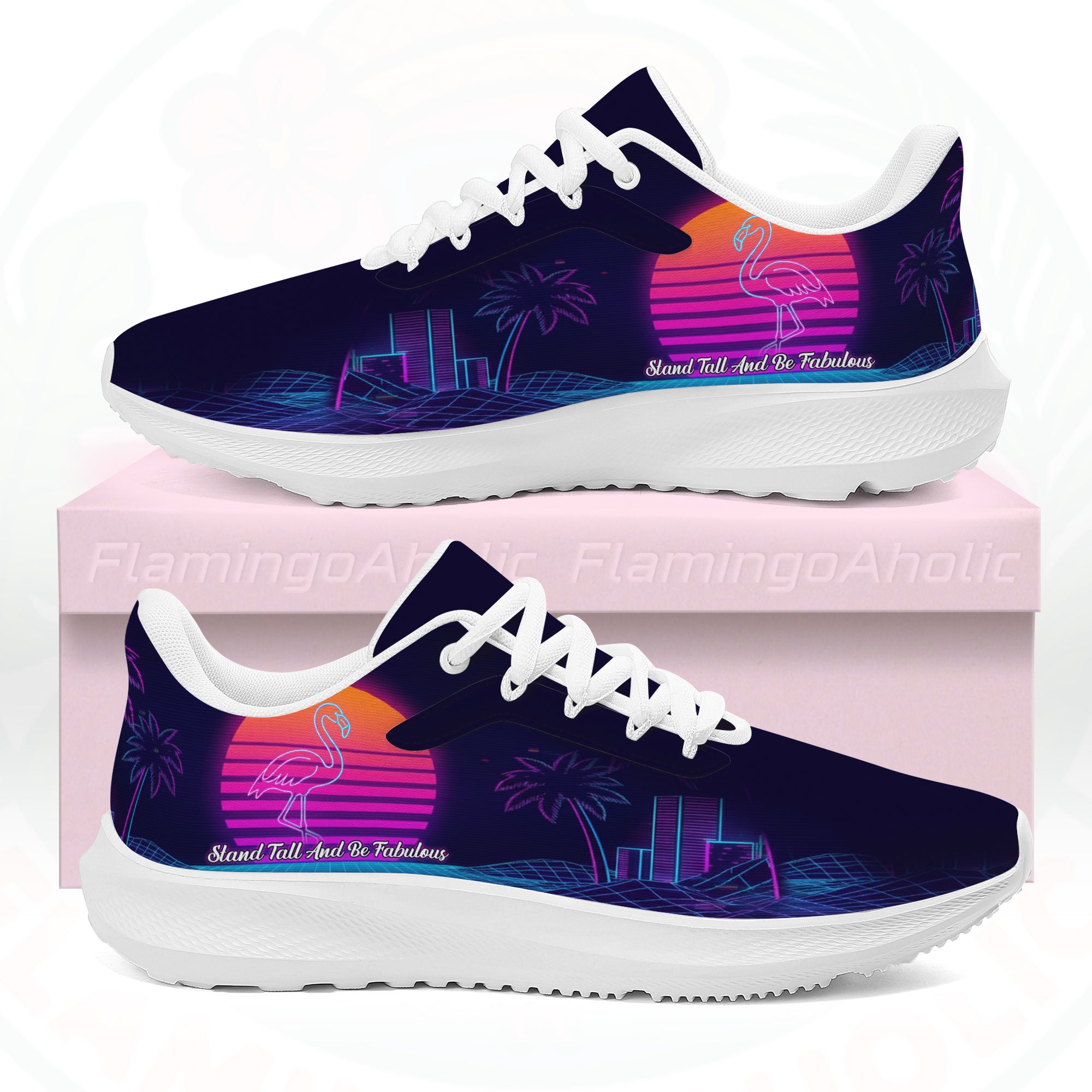 Pair of ultra-lightweight sneakers featuring a retro 80s sunset design with a neon pink flamingo and electric blue city grid on a dark navy background.
