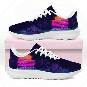 Pair of ultra-lightweight sneakers featuring a retro 80s sunset design with a neon pink flamingo and electric blue city grid on a dark navy background.