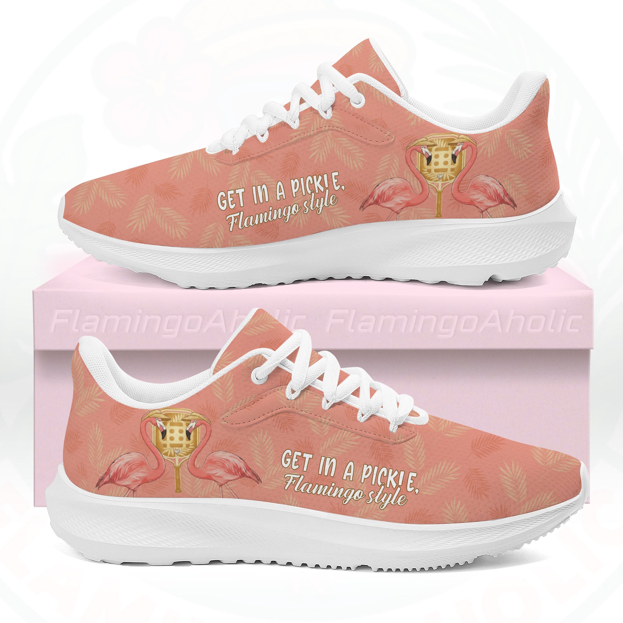 Coral pink cloud sneaker featuring tropical palm print, two flamingos in sunhats, and the text "GET IN A PICKLE, Flamingo style."