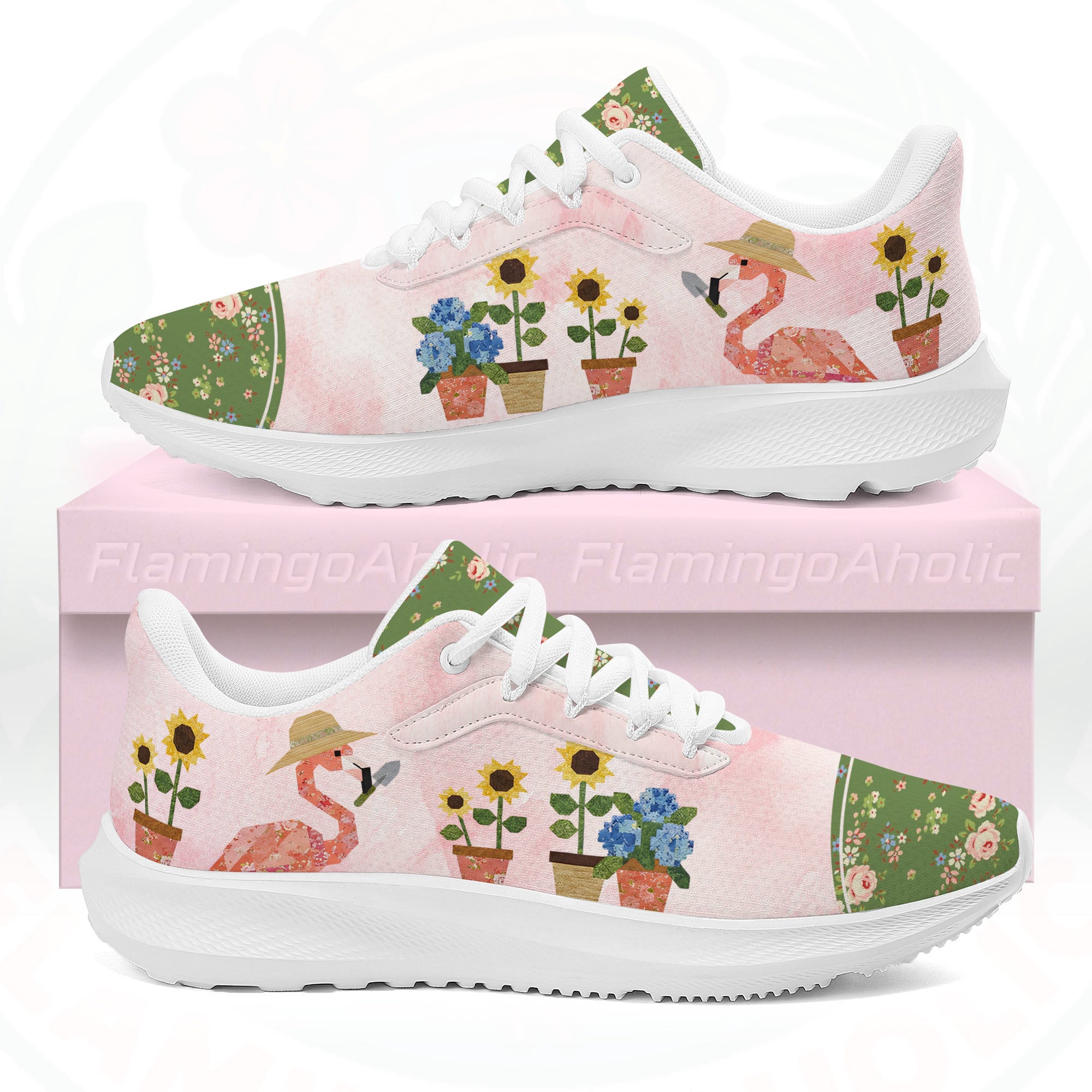 A pair of ultra-light cloud walking shoes featuring a watercolor-style flamingo wearing a straw hat among potted sunflowers and hydrangeas.