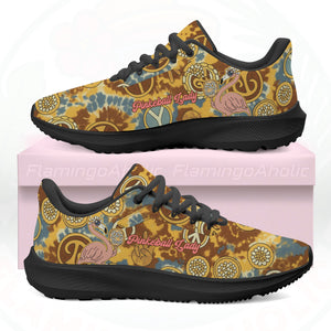 Women's Retro Tie-Dye Flamingo Pickleball Cloud Sneakers, showing the chunky white sole and groovy pattern.
