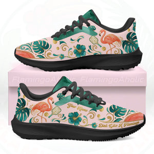 Custom Flamingo Pickleball Sneaker side profile showing personalized name and 'Dink Like A Flamingo' phrase on a pastel pink background.