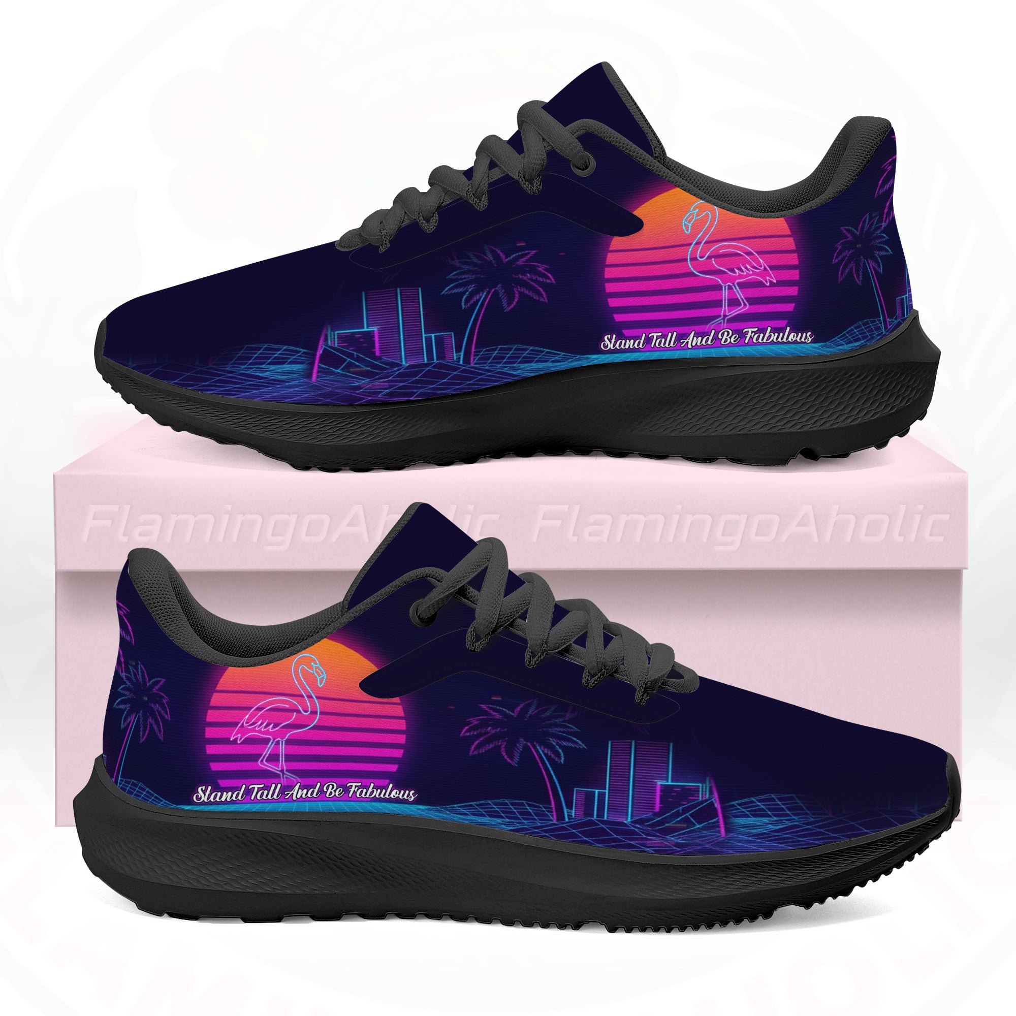 Pair of ultra-lightweight sneakers featuring a retro 80s sunset design with a neon pink flamingo and electric blue city grid on a dark navy background.