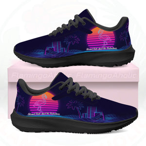 Pair of ultra-lightweight sneakers featuring a retro 80s sunset design with a neon pink flamingo and electric blue city grid on a dark navy background.