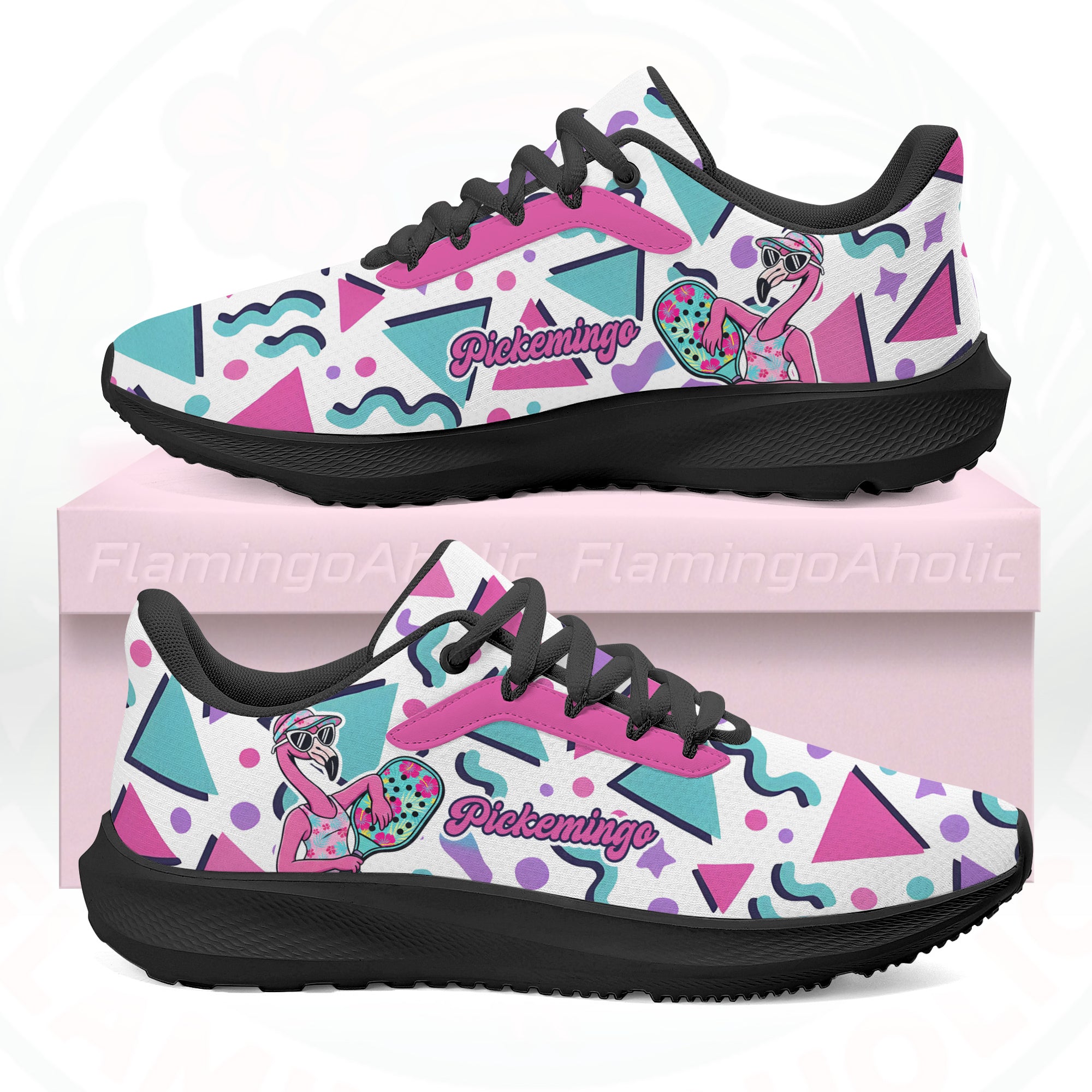 Vibrant Pickemingo cloud sneakers featuring a 90s geometric pattern in pink, teal, and purple, designed for ultra-light comfort.