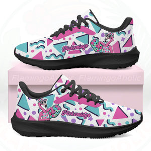 Vibrant Pickemingo cloud sneakers featuring a 90s geometric pattern in pink, teal, and purple, designed for ultra-light comfort.
