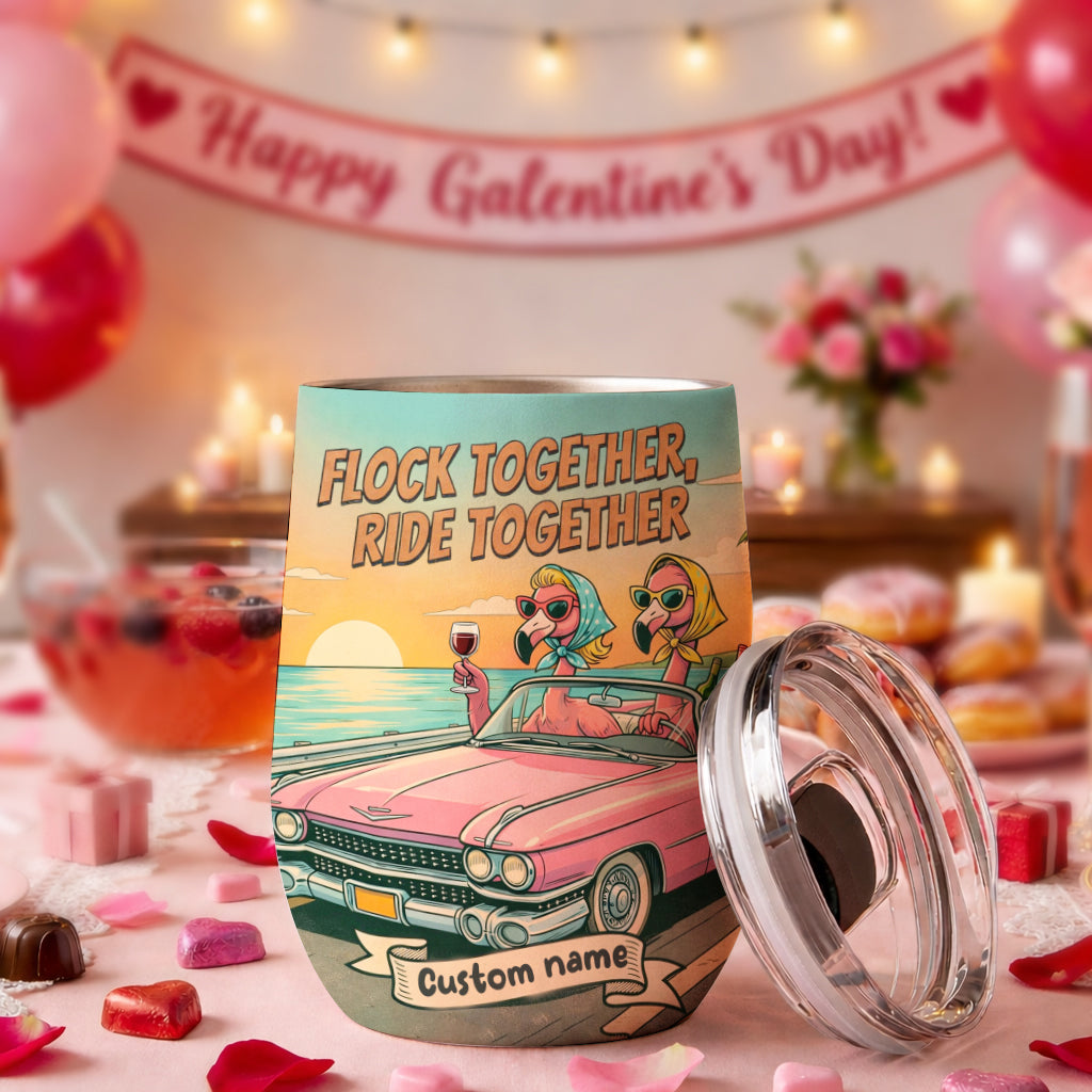 Retro Funny Personalized Flamingo Wine Tumbler - Custom Name "Besties Road Trip" Gift