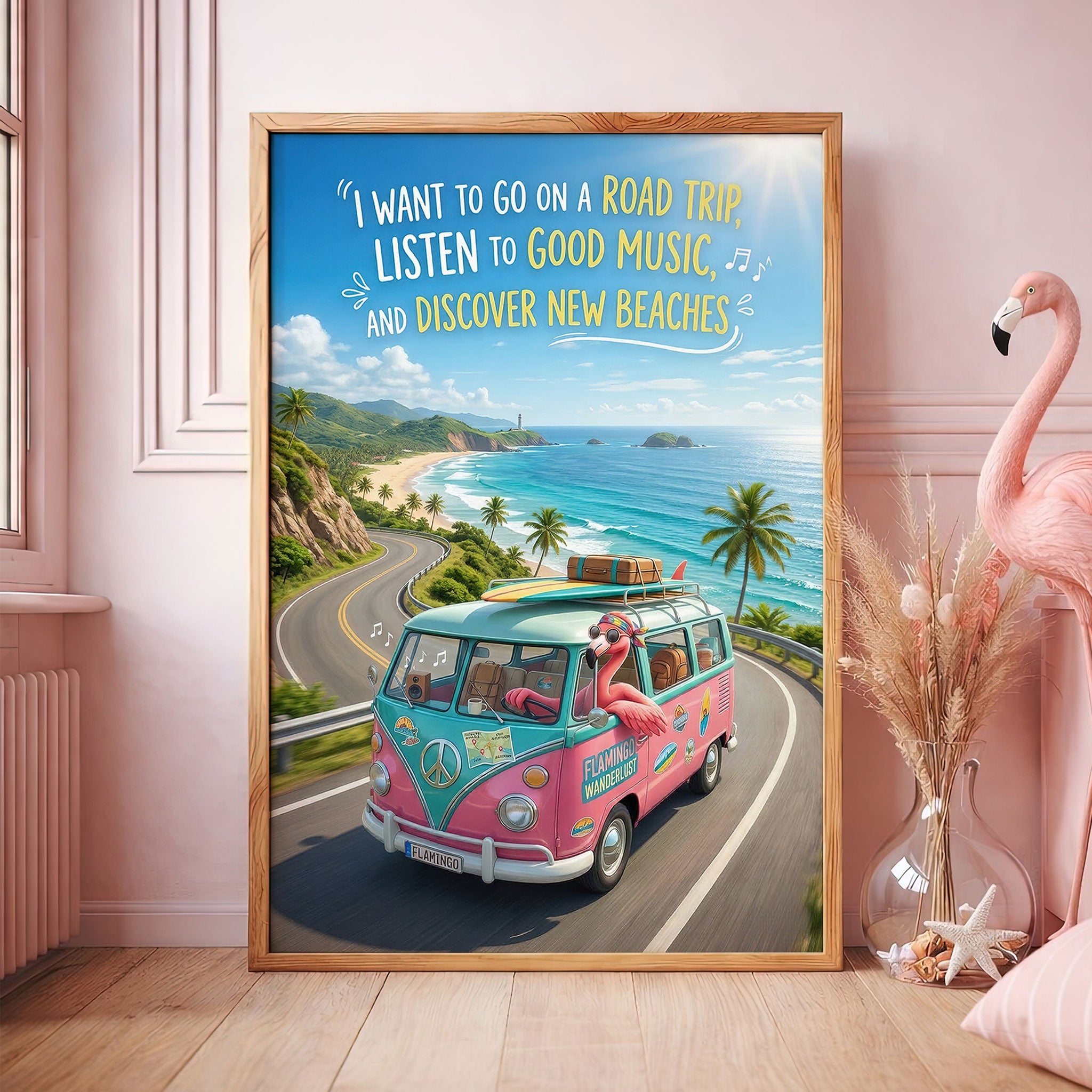Flamingo Wanderlust Road Trip Poster – Pink Beach Travel Wall Art