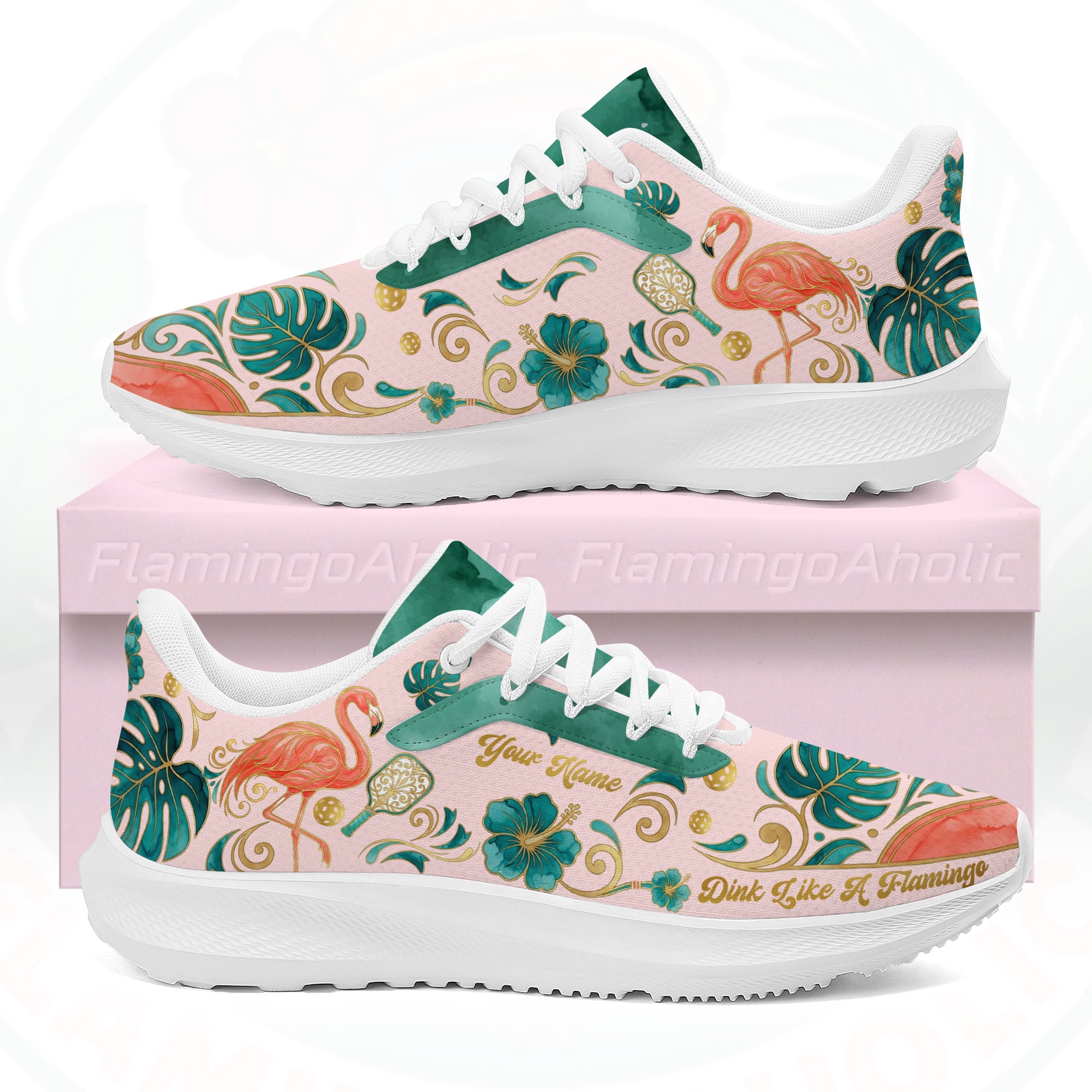 Custom Flamingo Pickleball Sneaker side profile showing personalized name and 'Dink Like A Flamingo' phrase on a pastel pink background.