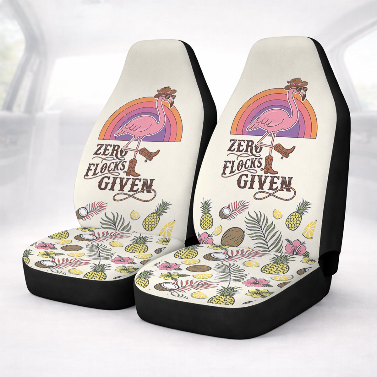 Retro Flamingo "Zero Flocks Given" Car Seat Cover Set - Cute Tropical Car Accessories for Women