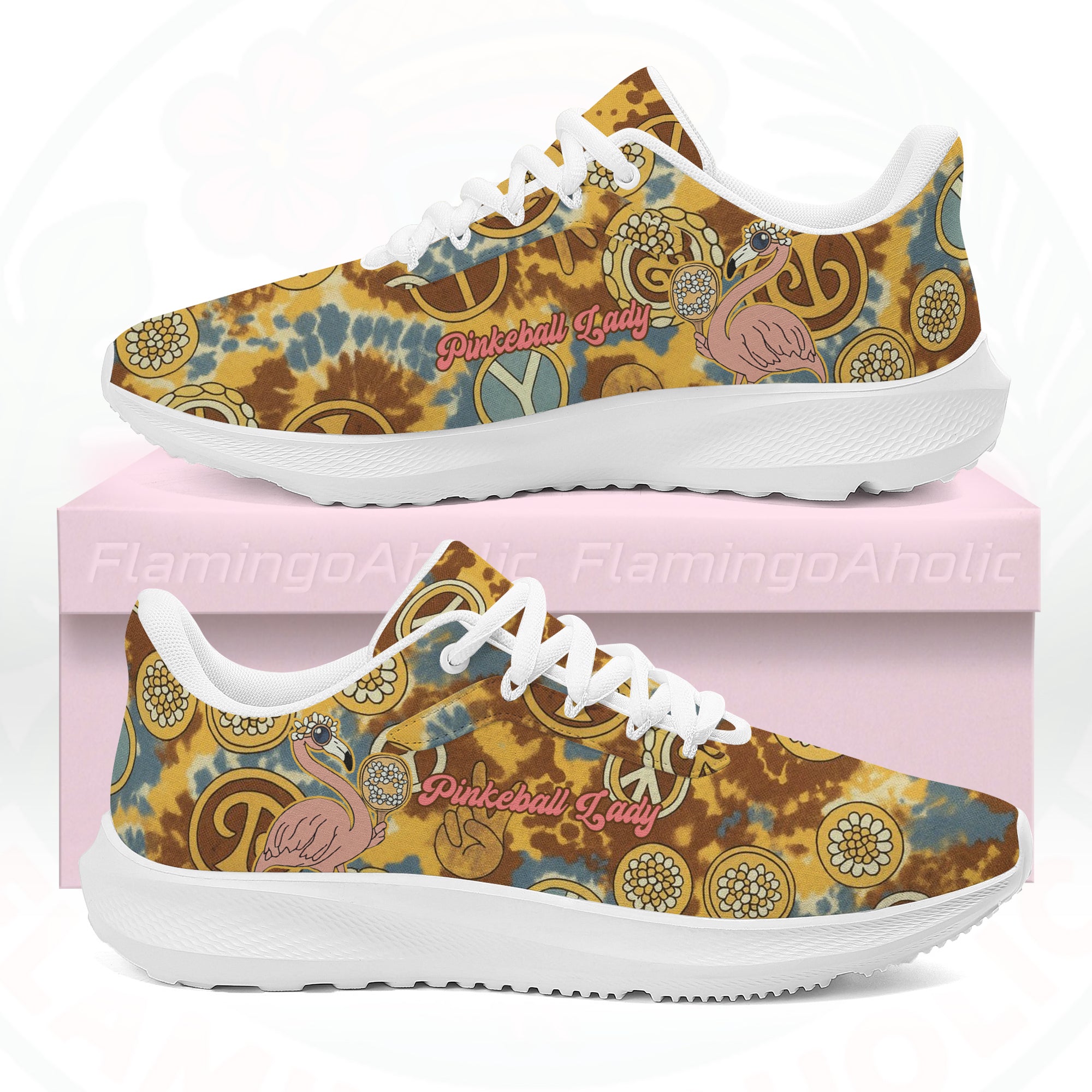 Women's Retro Tie-Dye Flamingo Pickleball Cloud Sneakers, showing the chunky white sole and groovy pattern.