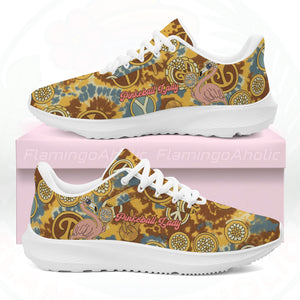 Women's Retro Tie-Dye Flamingo Pickleball Cloud Sneakers, showing the chunky white sole and groovy pattern.
