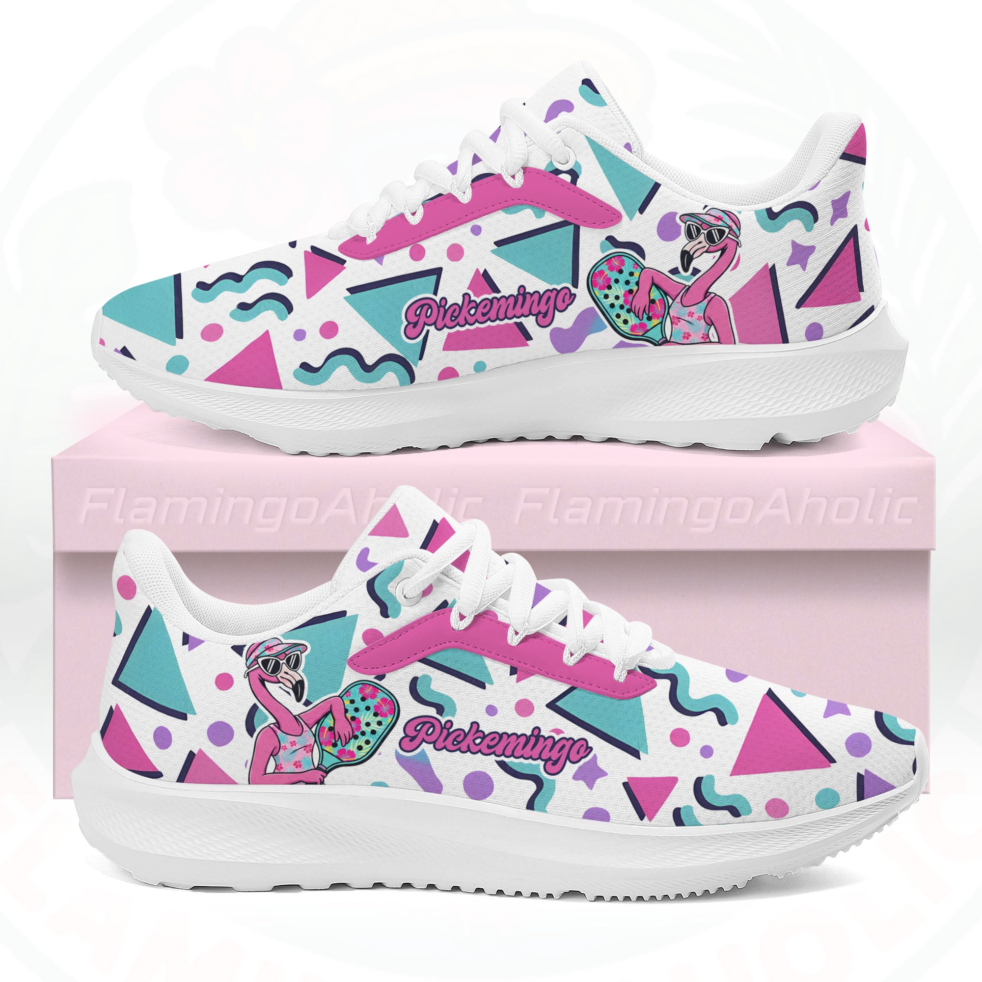 Vibrant Pickemingo cloud sneakers featuring a 90s geometric pattern in pink, teal, and purple, designed for ultra-light comfort.