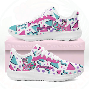 Vibrant Pickemingo cloud sneakers featuring a 90s geometric pattern in pink, teal, and purple, designed for ultra-light comfort.