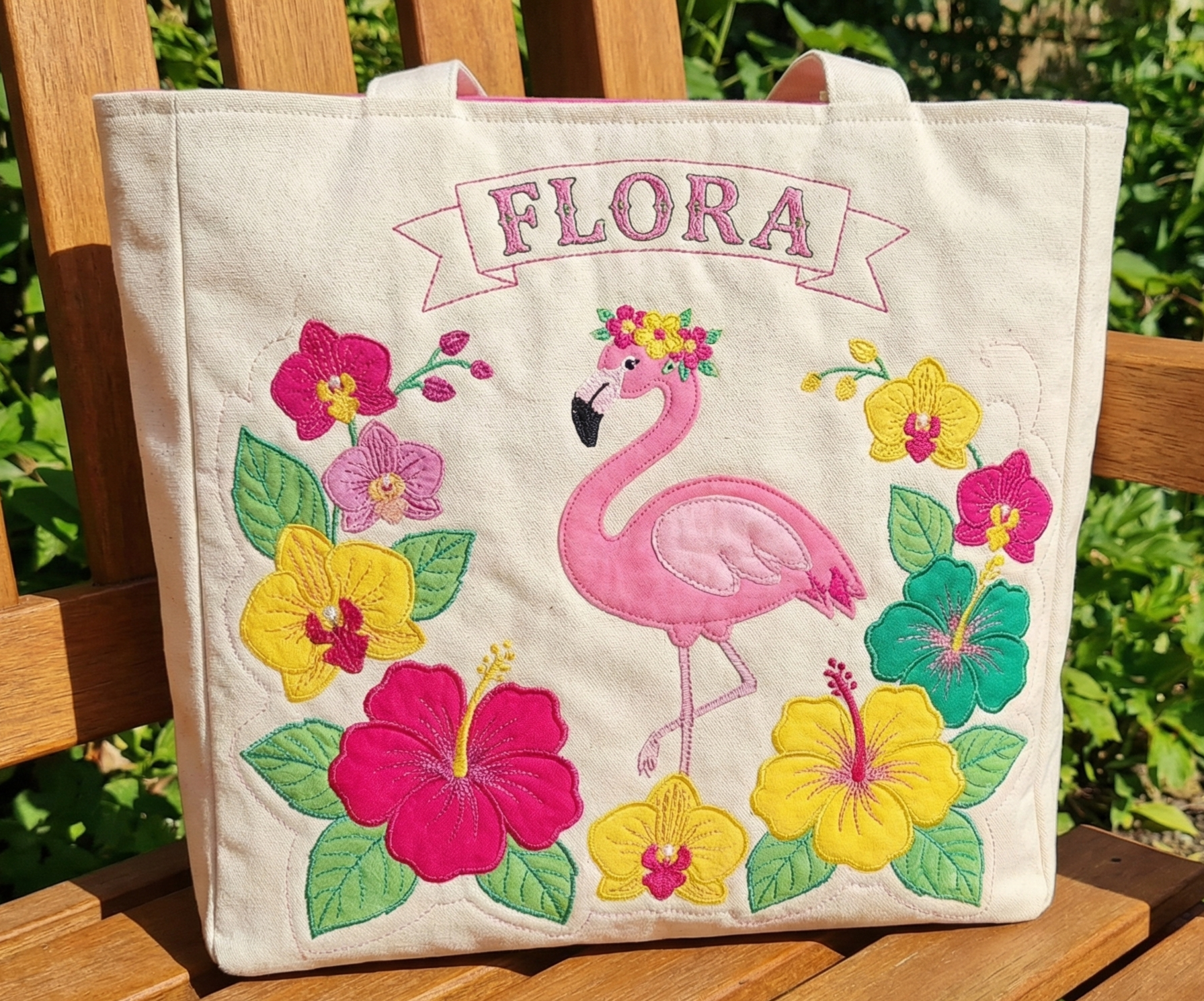 Custom Quilted Flamingo Tote Bag - Personalized Tropical Canvas Gift for Mom or Grandma