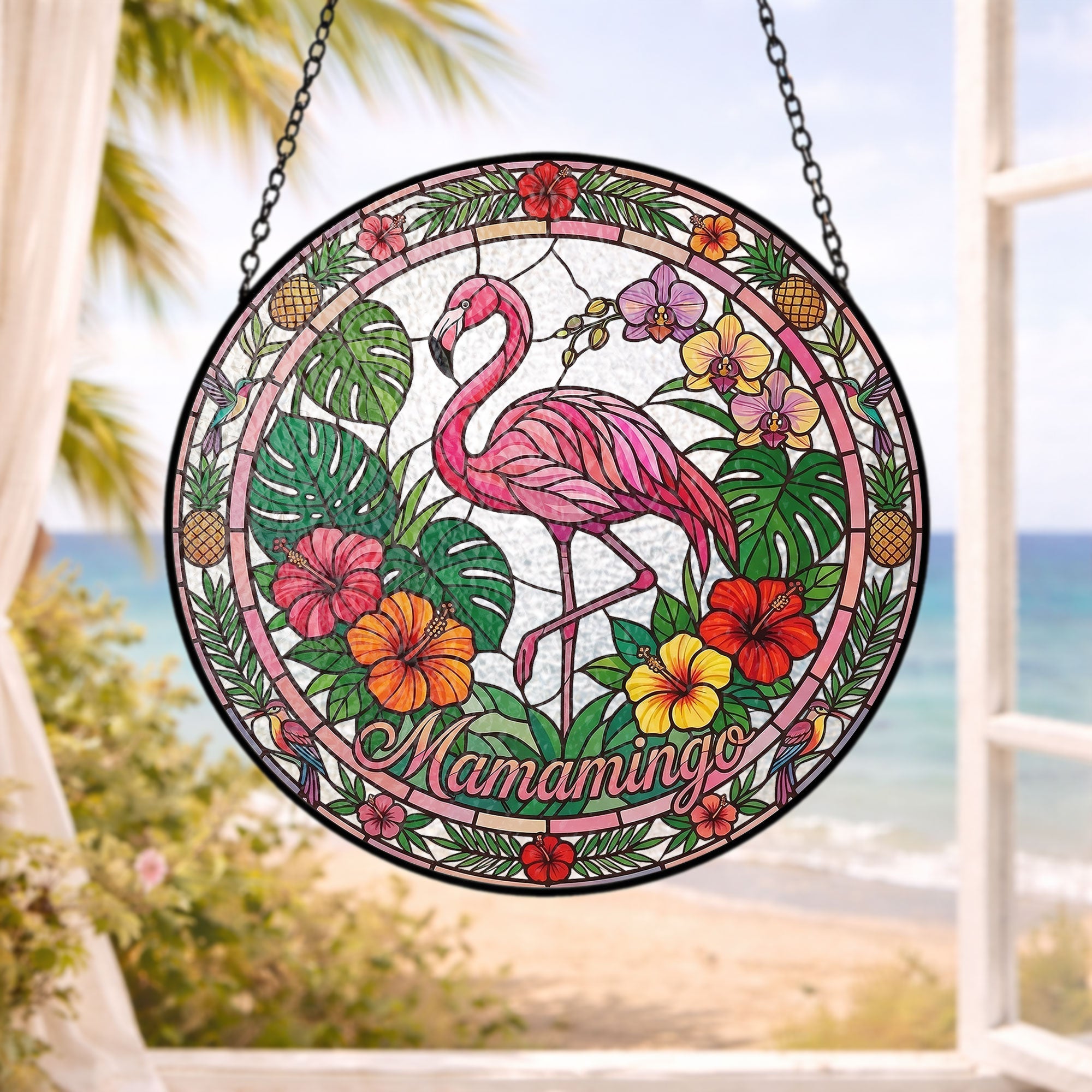 Mamamingo Flamingo Stained Glass Suncatcher – Tropical Flamingo Window Hanging Sun Catcher Decor