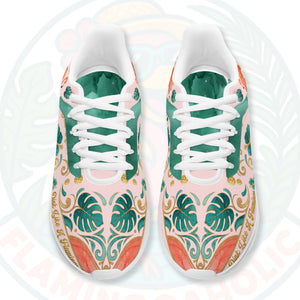 Custom Flamingo Pickleball Sneaker side profile showing personalized name and 'Dink Like A Flamingo' phrase on a pastel pink background.