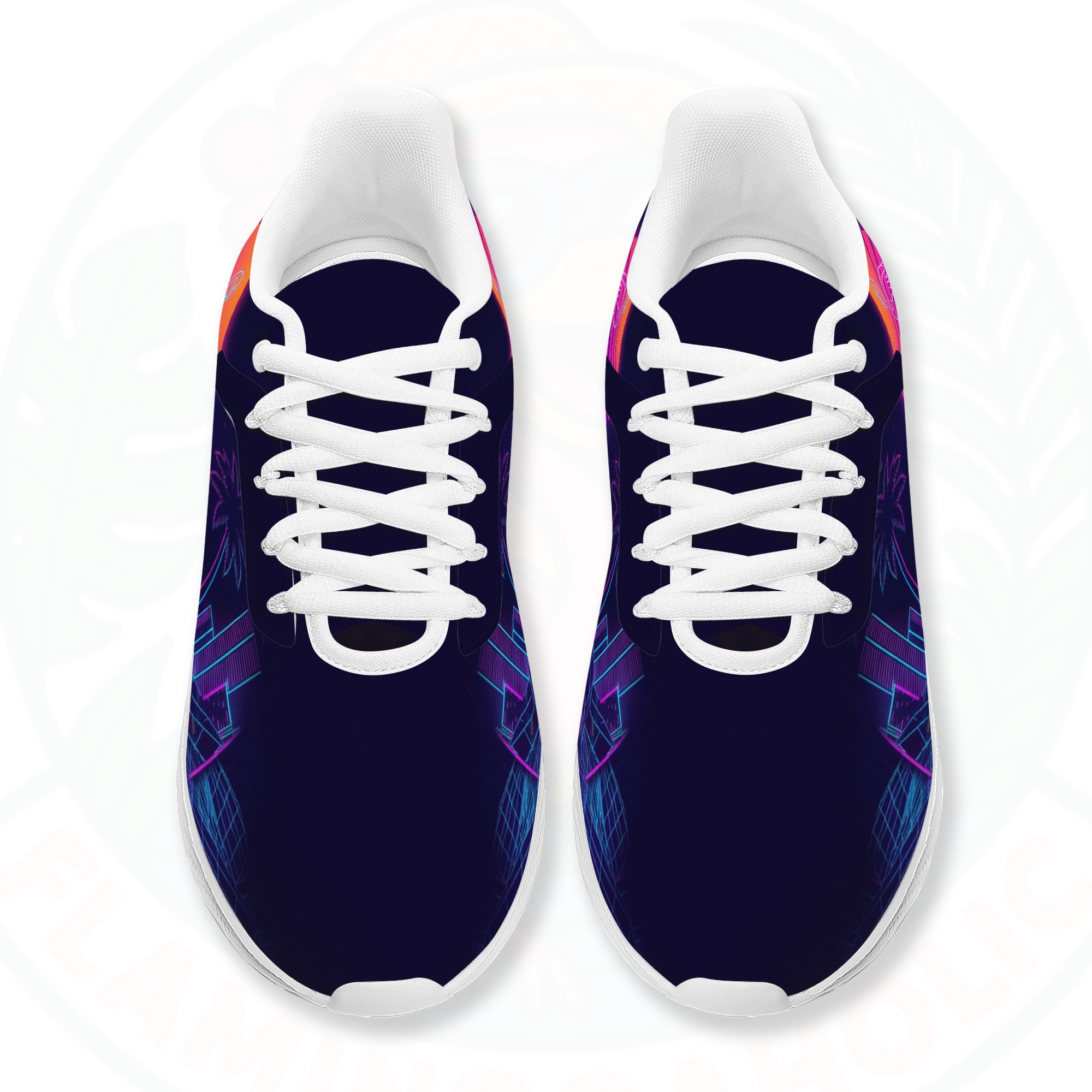 Pair of ultra-lightweight sneakers featuring a retro 80s sunset design with a neon pink flamingo and electric blue city grid on a dark navy background.
