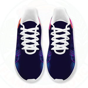Pair of ultra-lightweight sneakers featuring a retro 80s sunset design with a neon pink flamingo and electric blue city grid on a dark navy background.
