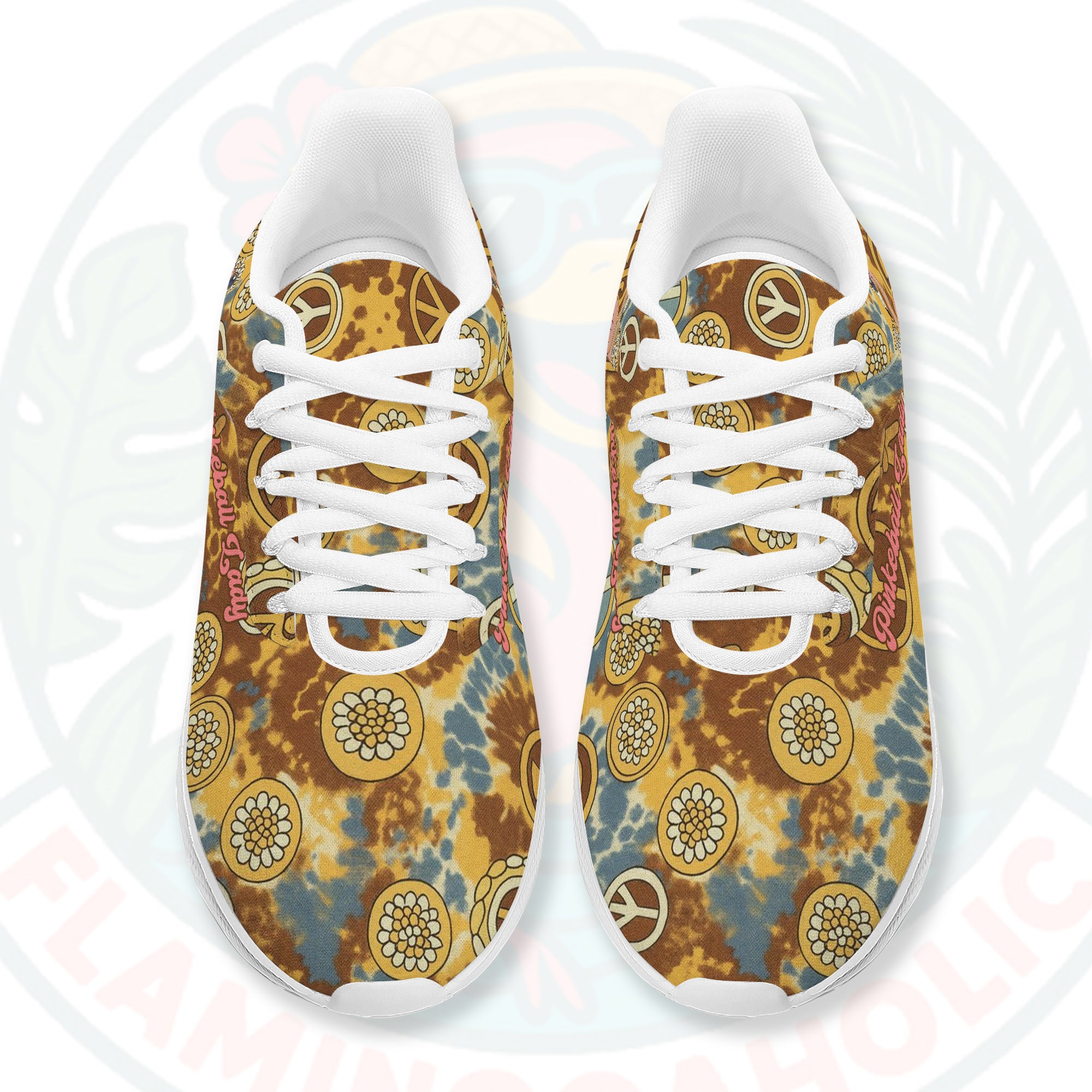 Women's Retro Tie-Dye Flamingo Pickleball Cloud Sneakers, showing the chunky white sole and groovy pattern.