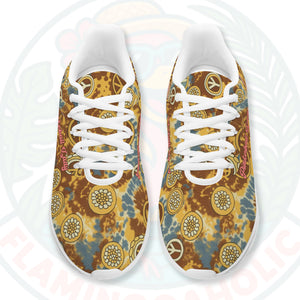 Women's Retro Tie-Dye Flamingo Pickleball Cloud Sneakers, showing the chunky white sole and groovy pattern.