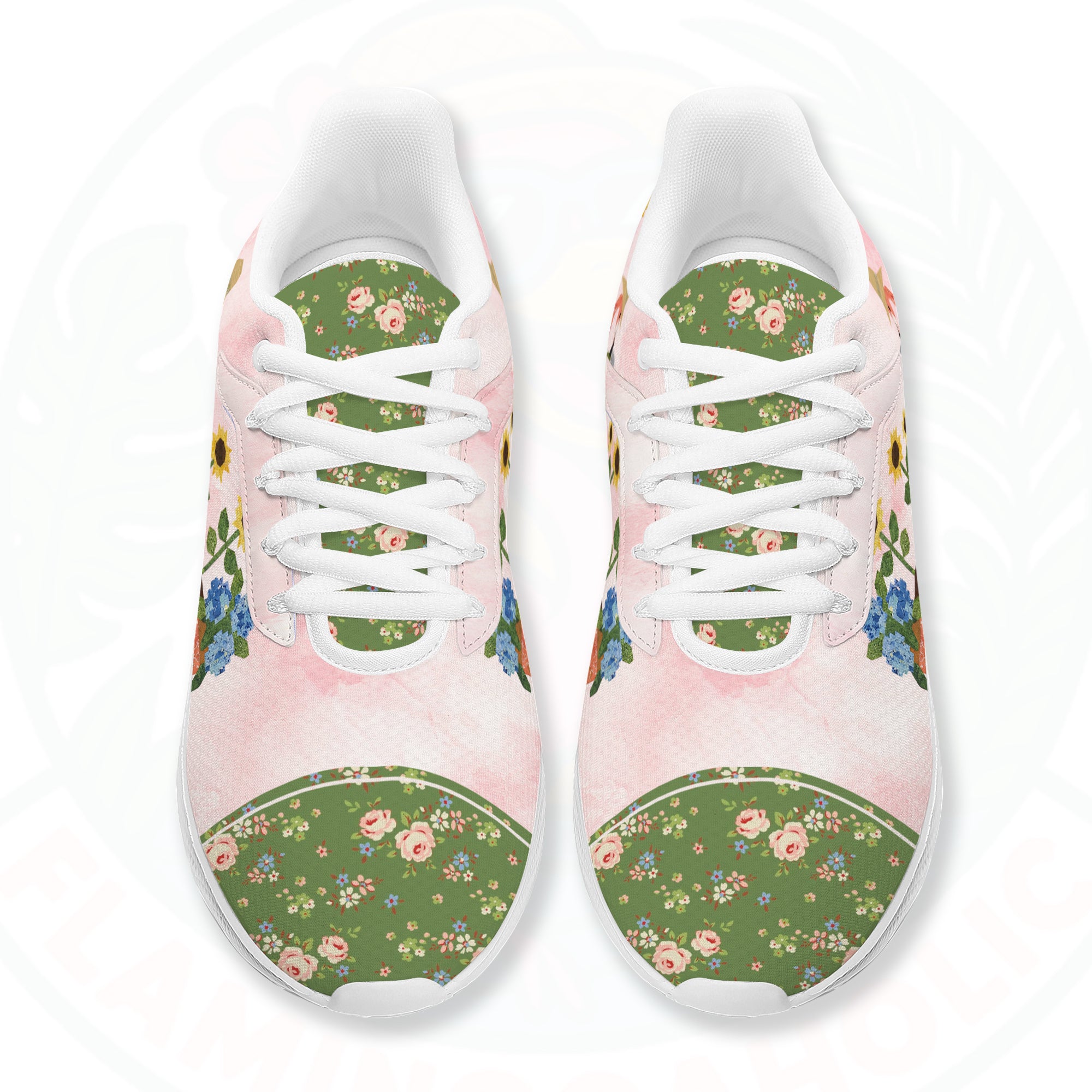 A pair of ultra-light cloud walking shoes featuring a watercolor-style flamingo wearing a straw hat among potted sunflowers and hydrangeas.