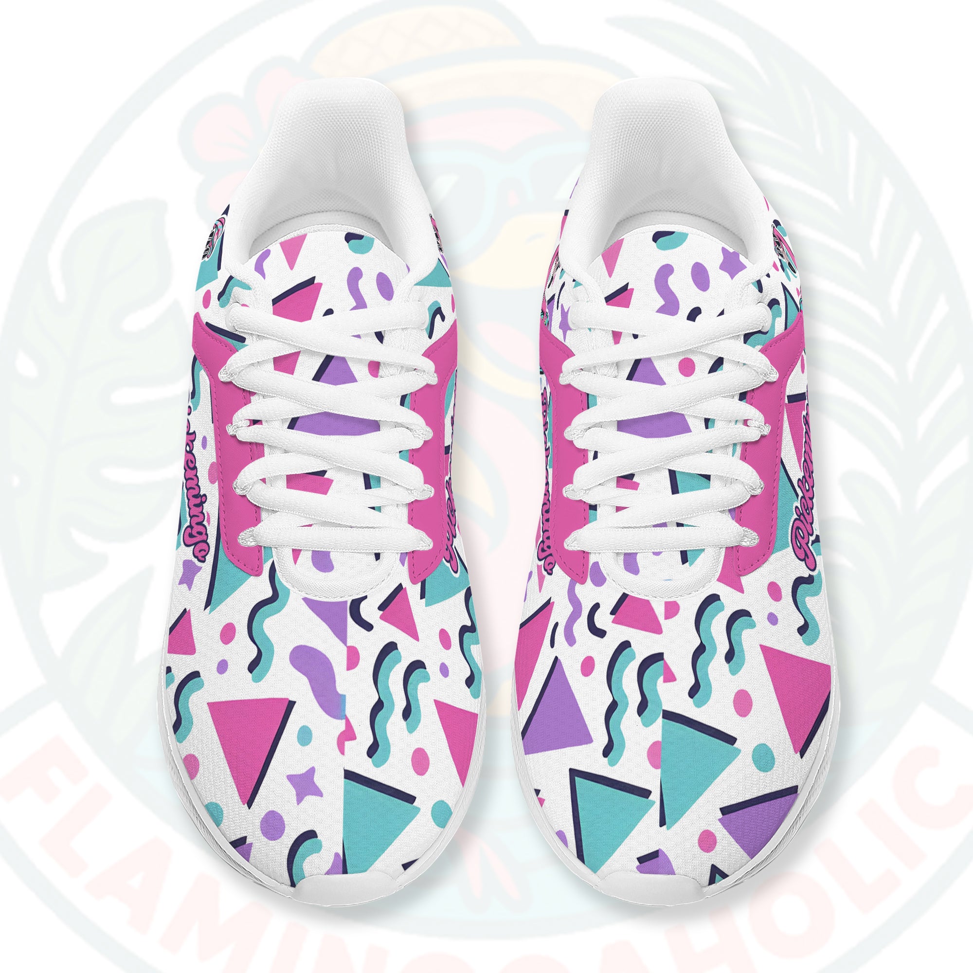 Vibrant Pickemingo cloud sneakers featuring a 90s geometric pattern in pink, teal, and purple, designed for ultra-light comfort.