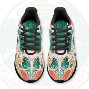 Custom Flamingo Pickleball Sneaker side profile showing personalized name and 'Dink Like A Flamingo' phrase on a pastel pink background.