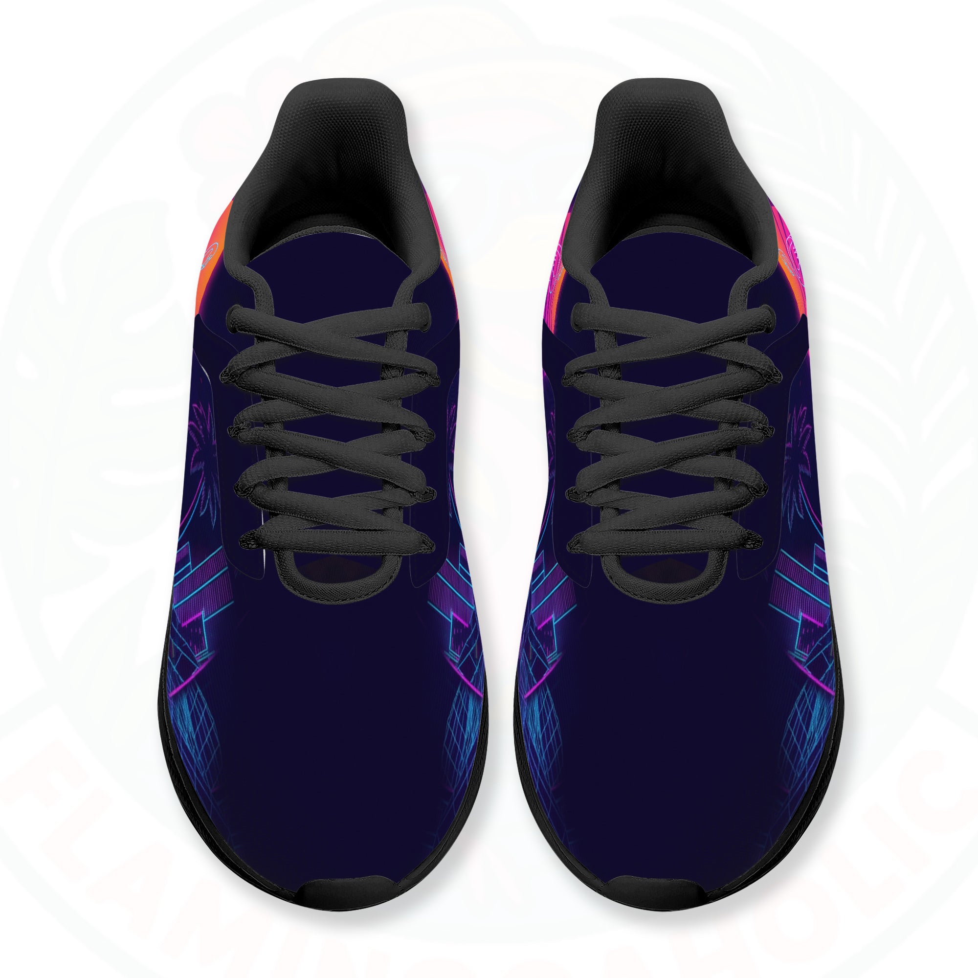 Pair of ultra-lightweight sneakers featuring a retro 80s sunset design with a neon pink flamingo and electric blue city grid on a dark navy background.