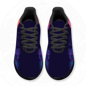 Pair of ultra-lightweight sneakers featuring a retro 80s sunset design with a neon pink flamingo and electric blue city grid on a dark navy background.