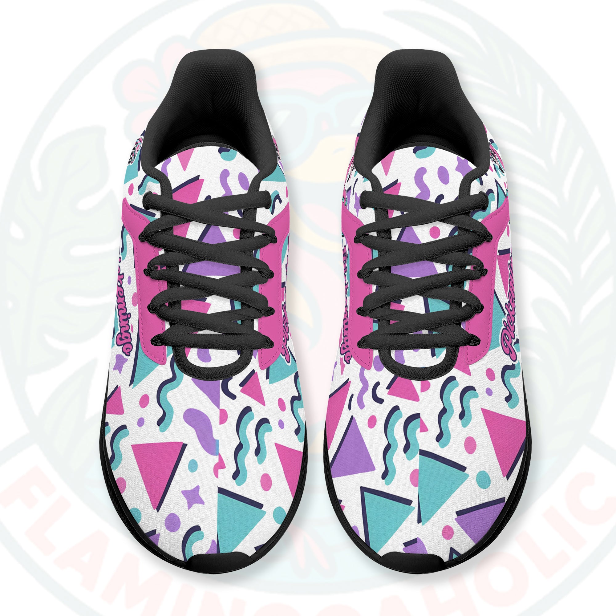 Vibrant Pickemingo cloud sneakers featuring a 90s geometric pattern in pink, teal, and purple, designed for ultra-light comfort.
