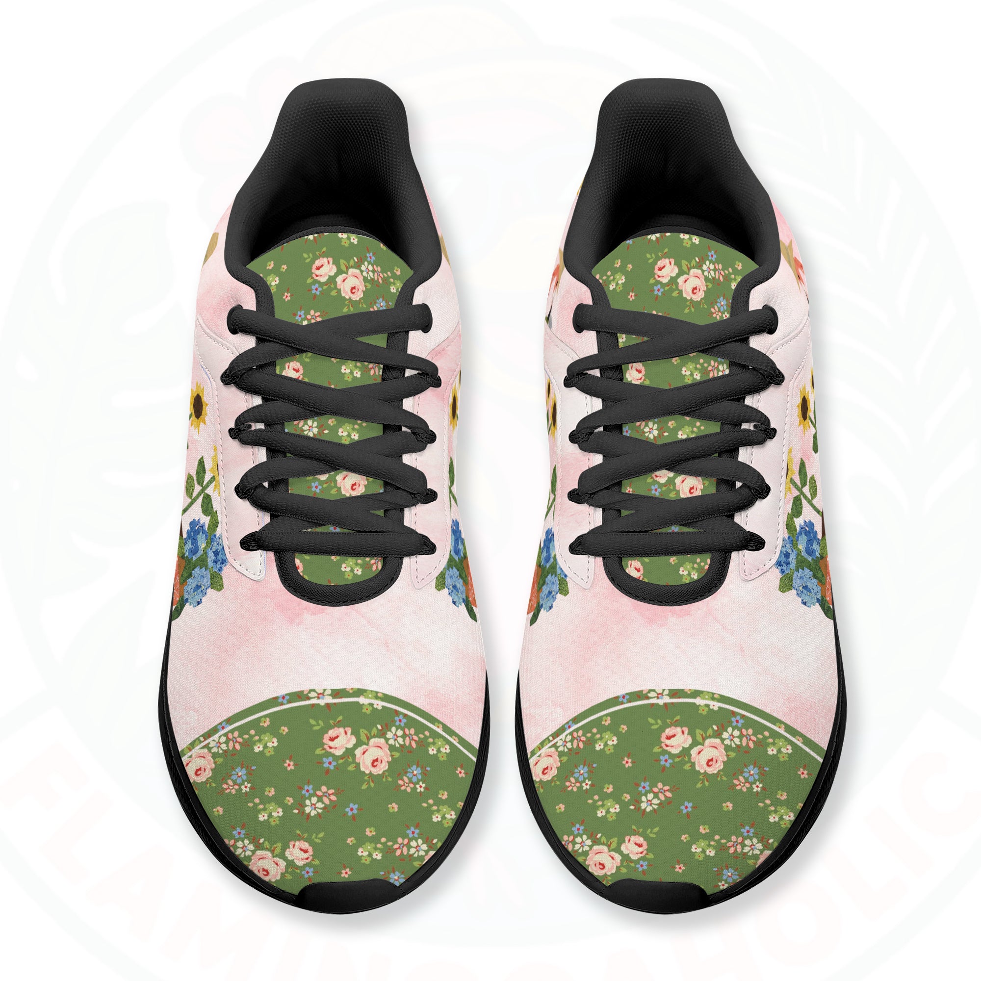 A pair of ultra-light cloud walking shoes featuring a watercolor-style flamingo wearing a straw hat among potted sunflowers and hydrangeas.