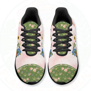 A pair of ultra-light cloud walking shoes featuring a watercolor-style flamingo wearing a straw hat among potted sunflowers and hydrangeas.