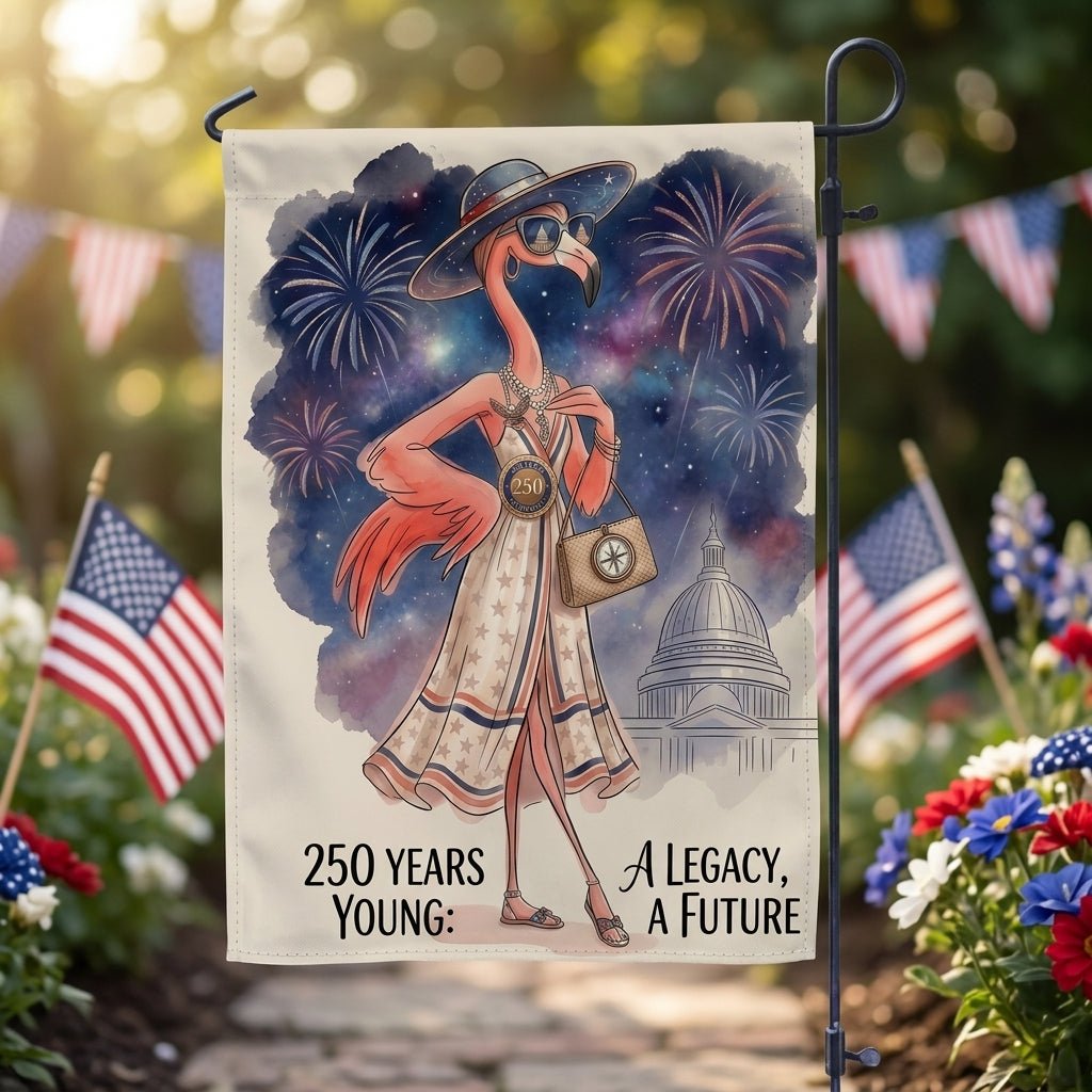 250 Years Young Legacy Future Flamingo July 4th Garden Flag - FlamingoAholic