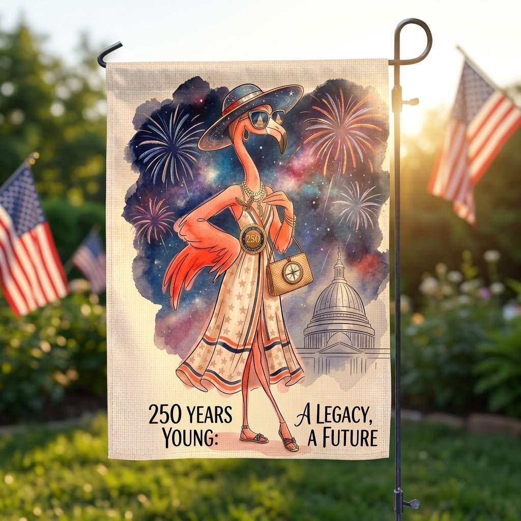 250 Years Young Legacy Future Flamingo July 4th Garden Flag - FlamingoAholic