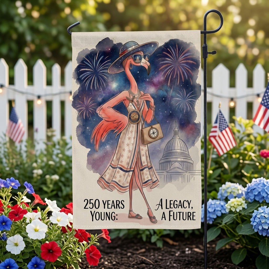 250 Years Young Legacy Future Flamingo July 4th Garden Flag - FlamingoAholic