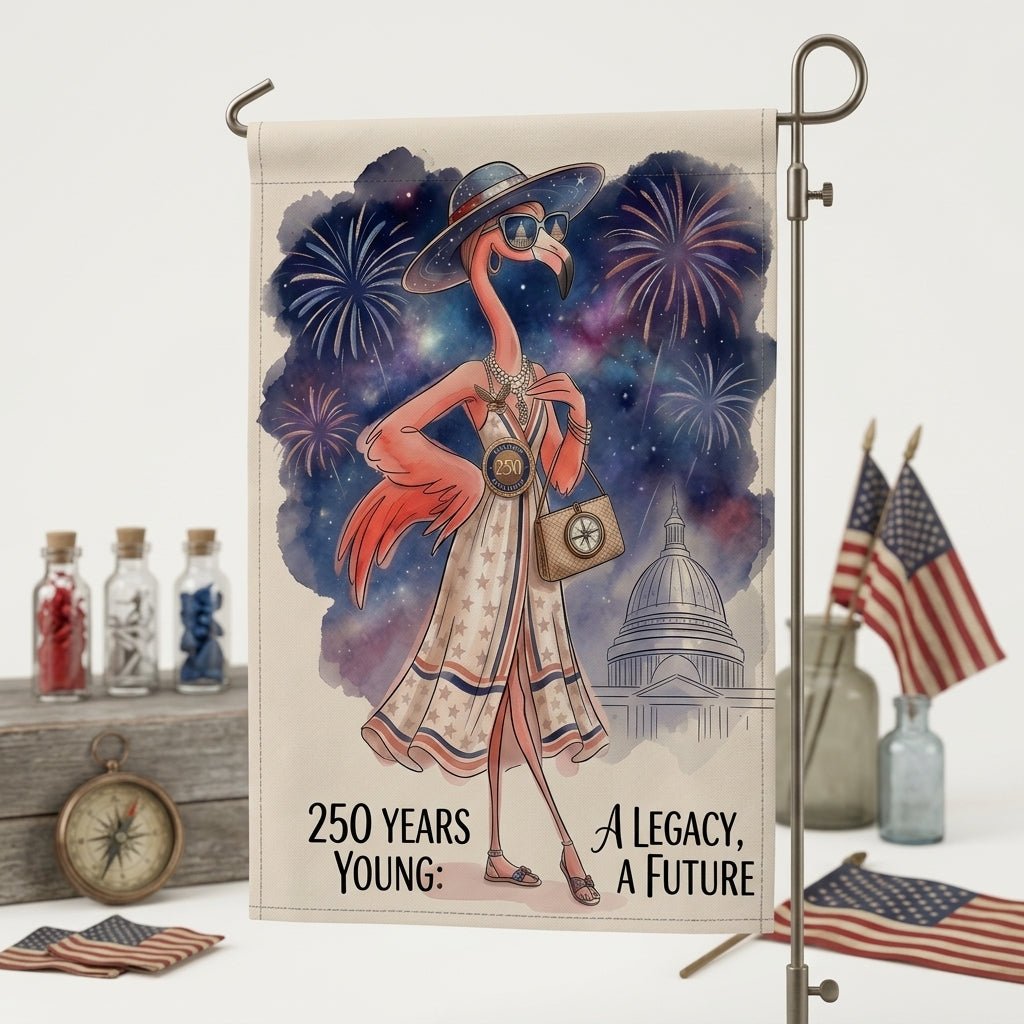 250 Years Young Legacy Future Flamingo July 4th Garden Flag - FlamingoAholic