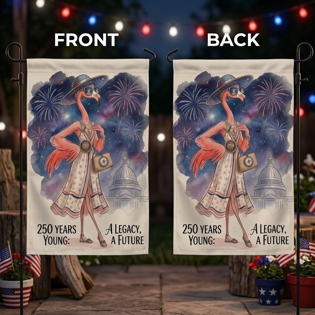 250 Years Young Legacy Future Flamingo July 4th Garden Flag - FlamingoAholic