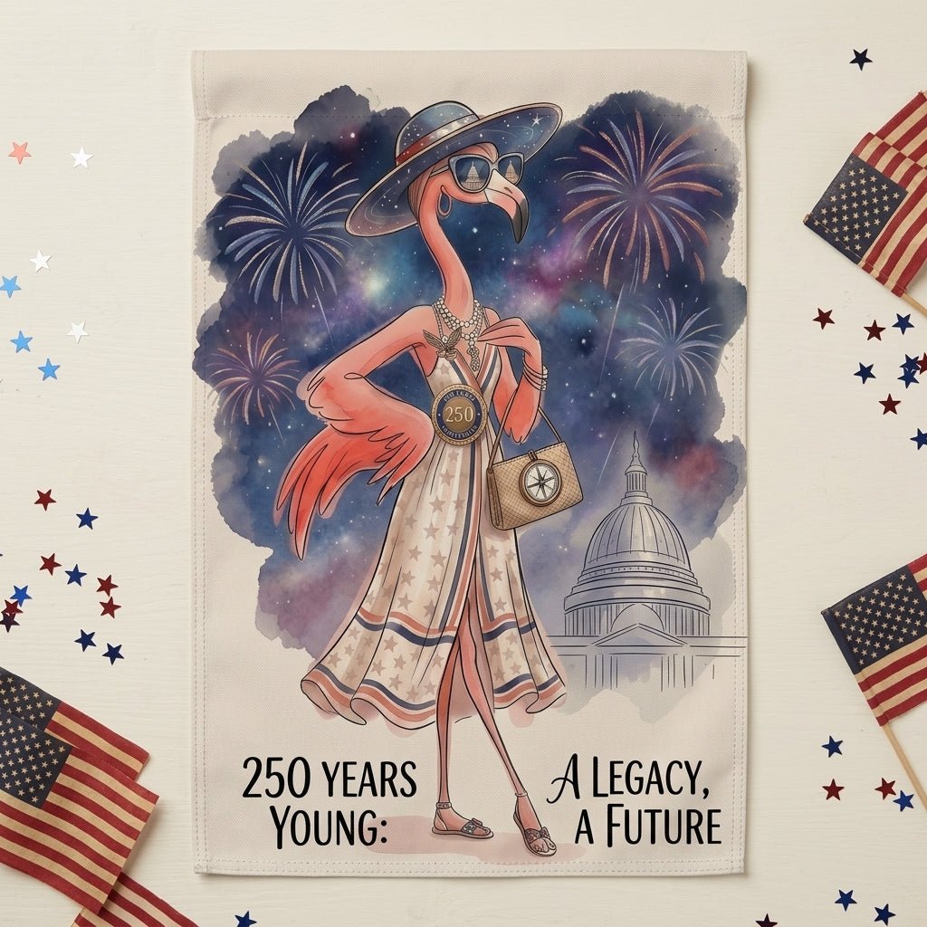 250 Years Young Legacy Future Flamingo July 4th Garden Flag - FlamingoAholic