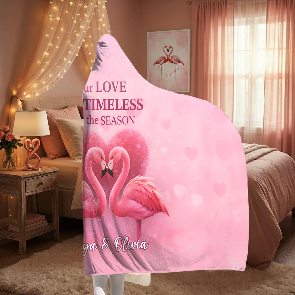 Personalized Flamingo Hooded Blanket – “Our Love as Timeless” Custom Name Wearable Blanket, Cozy Romantic Gift for Couples