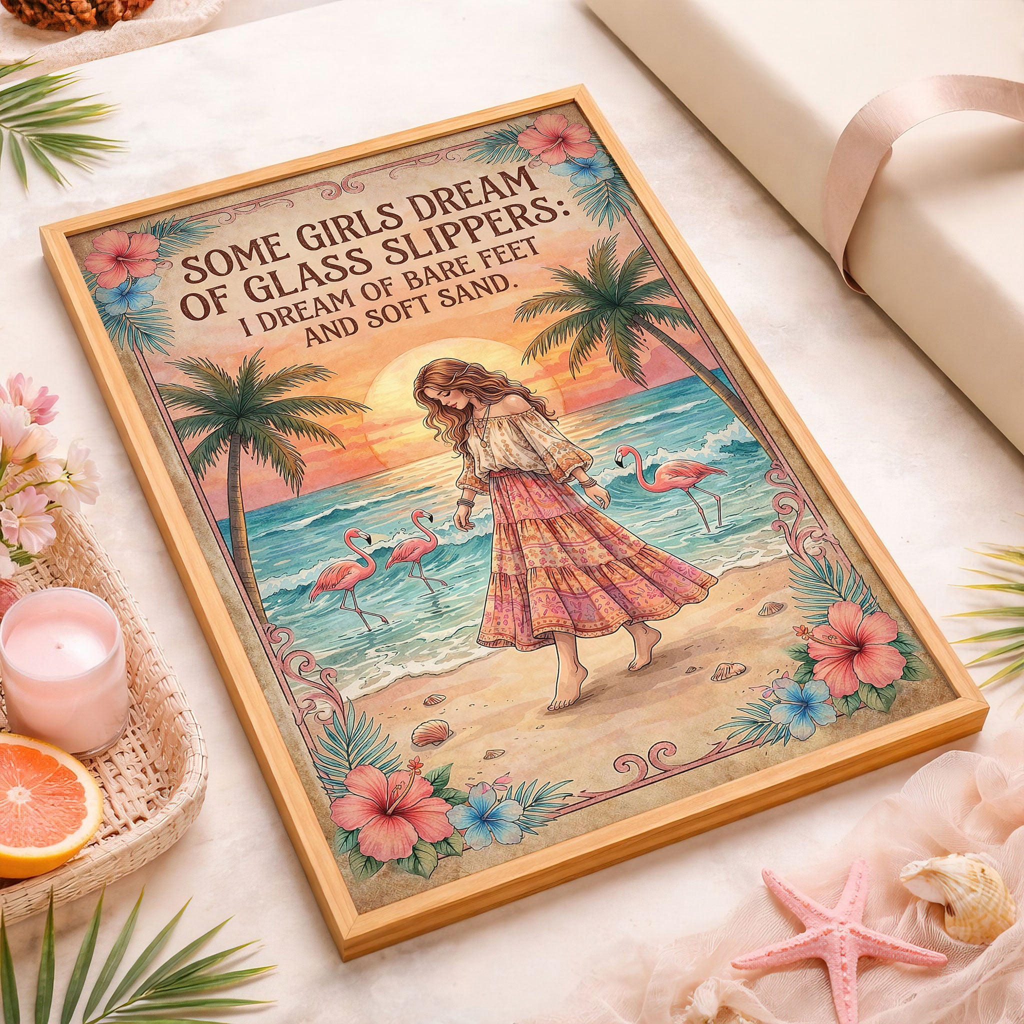 Some Girls Dream of Glass Slippers – Flamingo Beach Boho Girl Poster