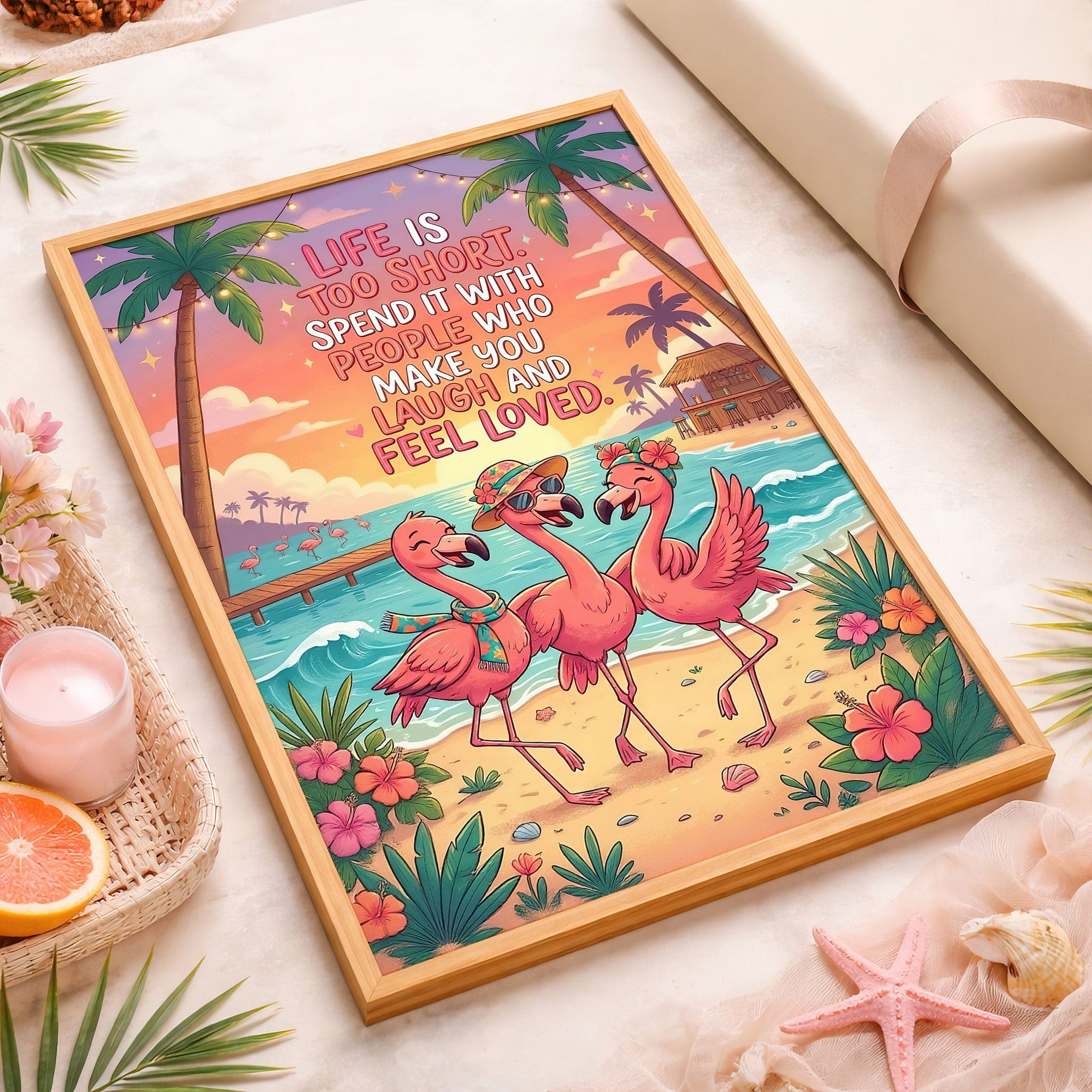 Life Is Too Short – Tropical Flamingo Friends Quote Poster